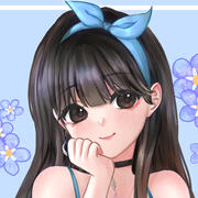 Anime girl with black hair, a blue ribbon and brown eyes. She's leaning her head against her right hand. Background is blue with lilac forget-me-nots.